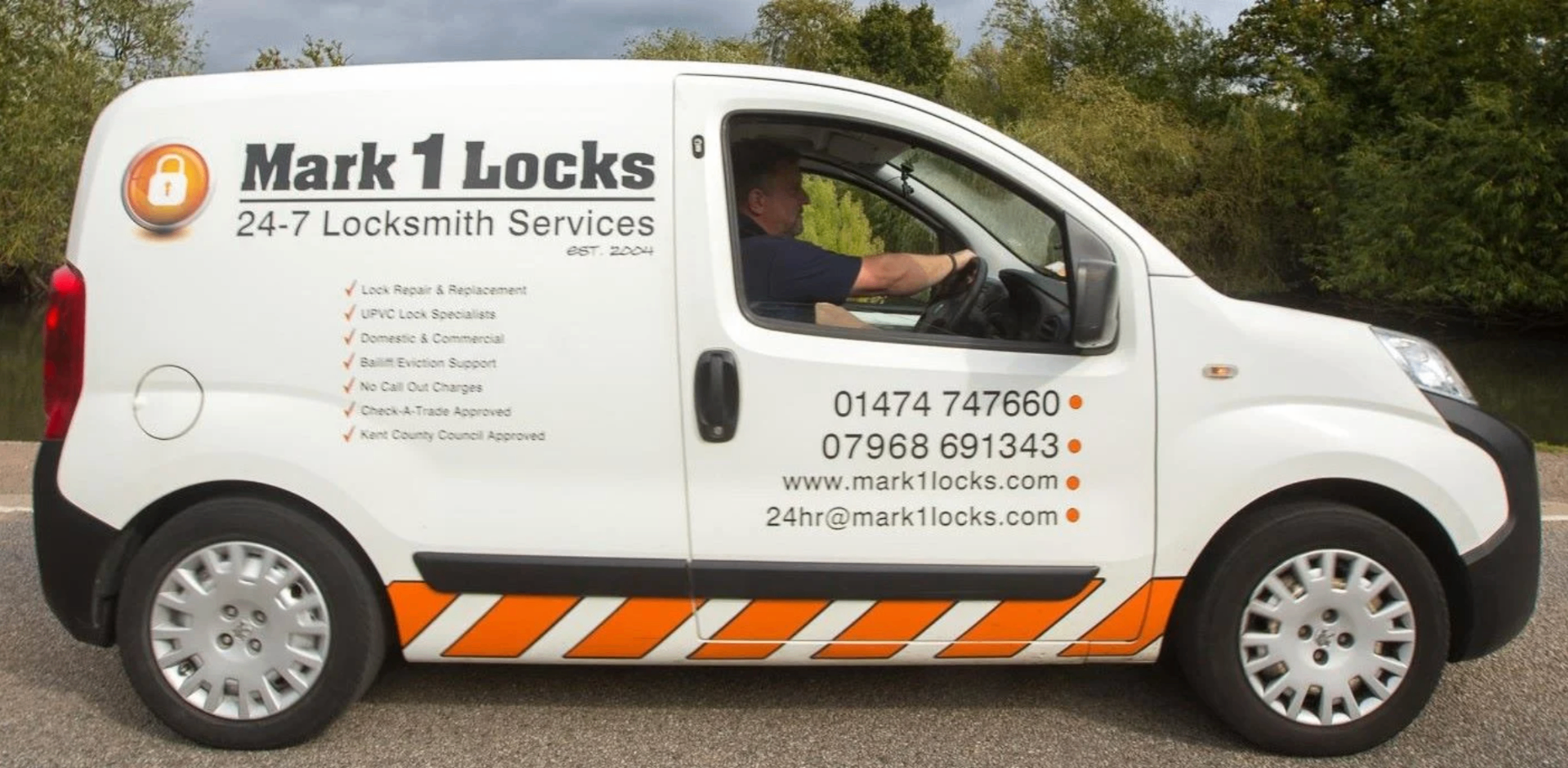 Mark 1 Locksmiths signature orange striped van - 24 hour emergency locksmith covering Gravesend and North Kent